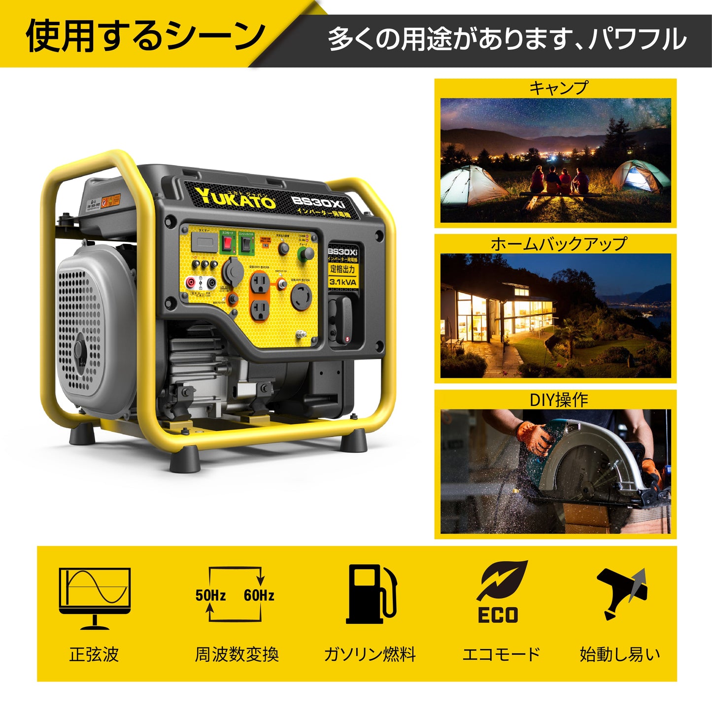 YUKATO BS30Xi インバーター発電機 オープンタイプ 3100W