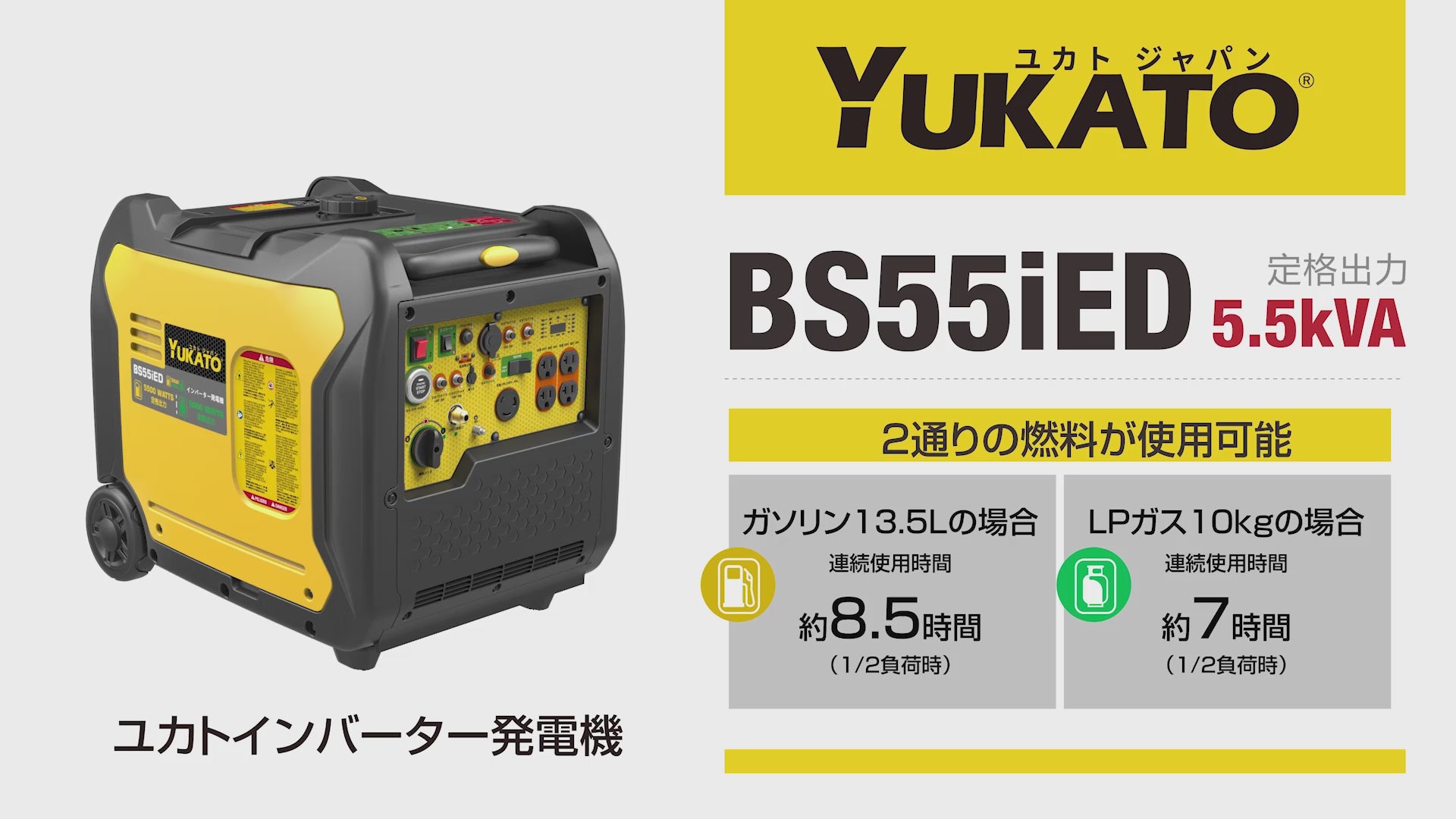 YUKATO BS55iED インバーター発電機 LPガス＆ガソリン両用 5500W – YUKATOジャパン公式サイト